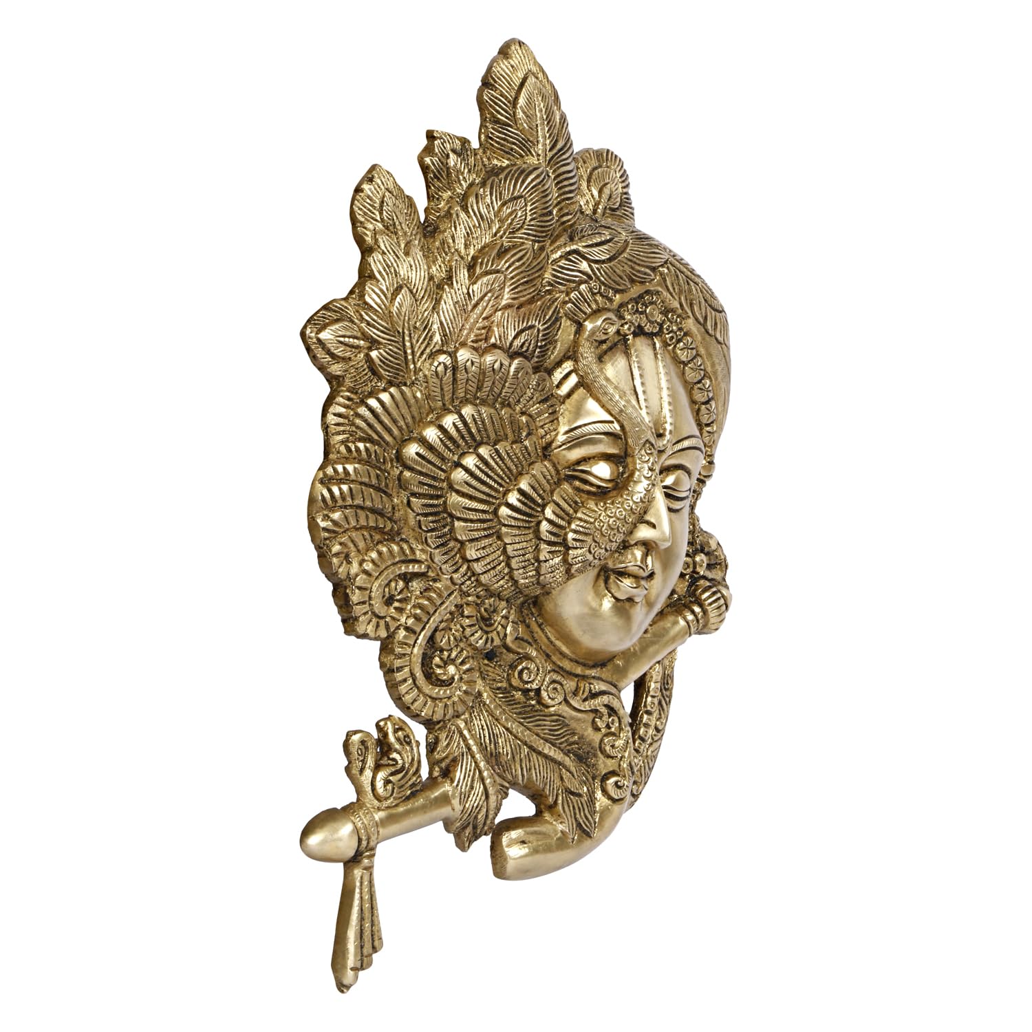 ARTVARKO Brass Lord Krishna Playing Flute Wall Hanging Peacock Idol Murti Sculpture Home Decor for Living Room Pooja Gift Item Height 33 cm
