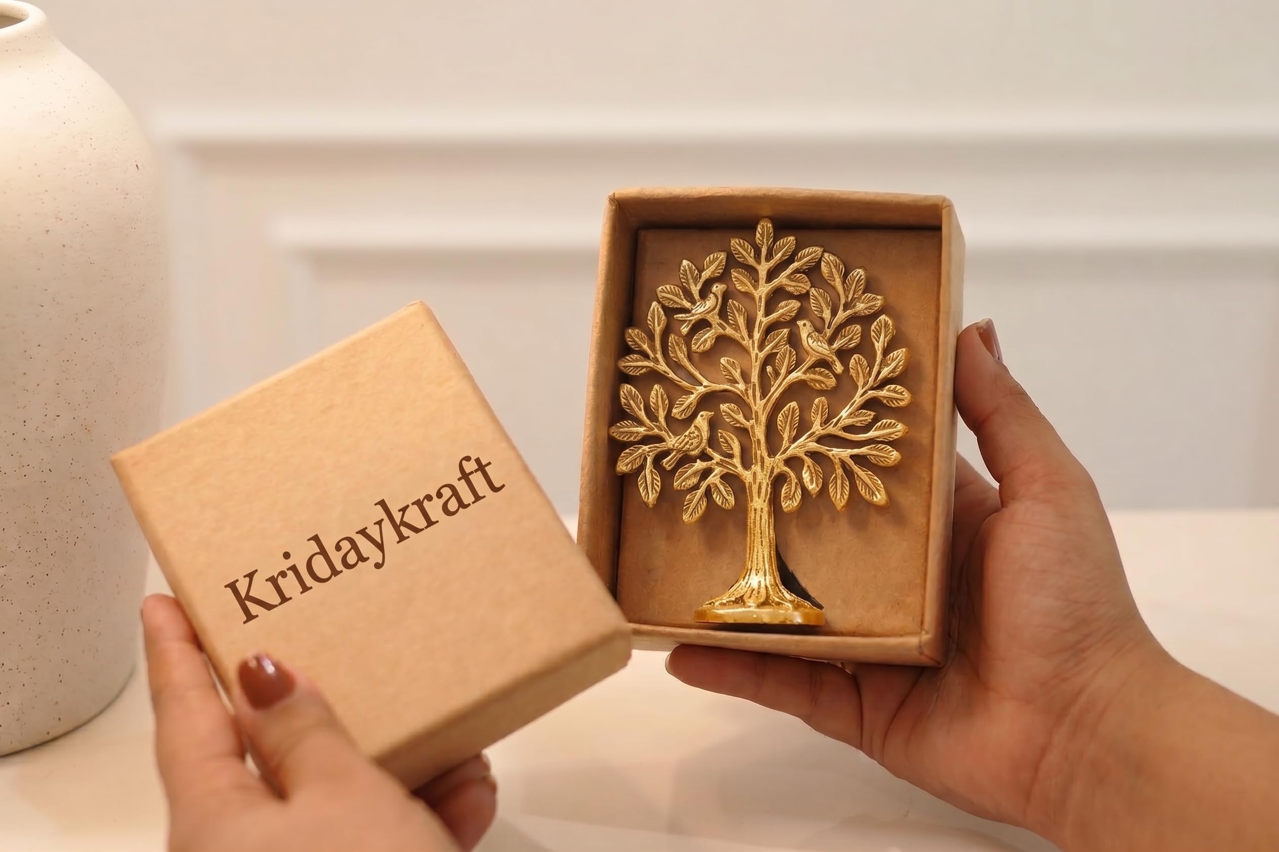 KridayKraft Kalpavriksha Tree of Life Showpiece with Birds, 15 cm Golden Metal Kalpvriksh for Home Mandir, Vastu, Office Table, Housewarming & Diwali Gift