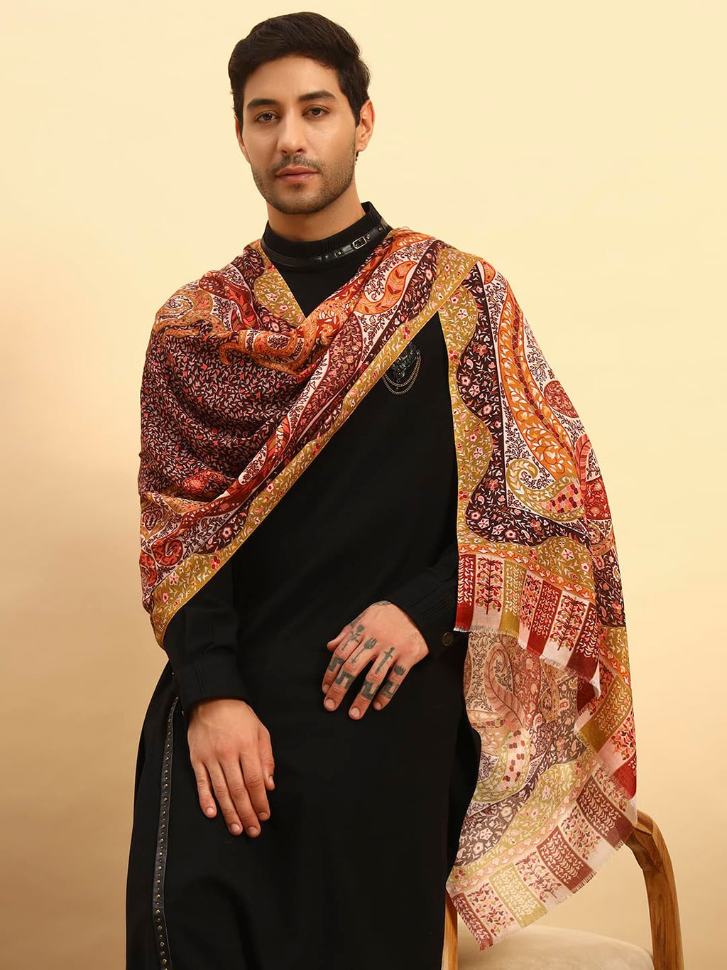 Pashmoda Men Royal Embers Fine Soft Bamboo Fibre Stole, Multicoloured Design, Evening Wrap, Luxury Pashmina Style Scarf, Wrap, Sustainable and Natural Fabric (Size 28x80, Orange colour) MISST33
