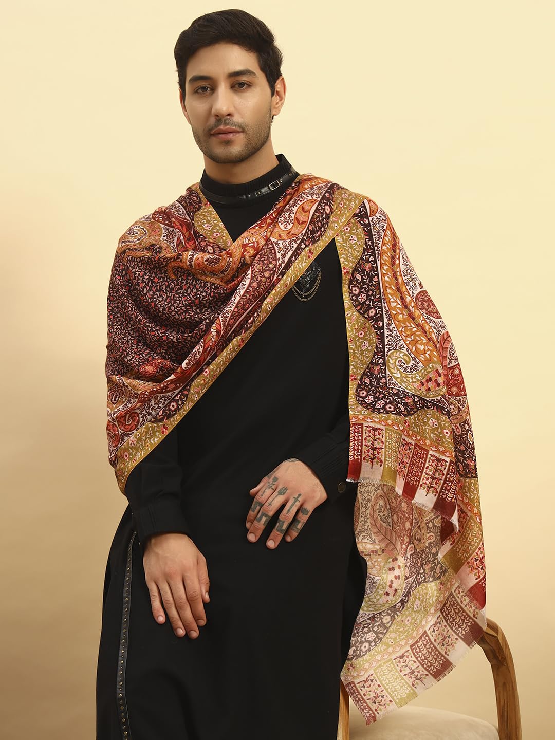 Pashmoda Men Royal Embers Fine Soft Bamboo Fibre Stole, Multicoloured Design, Evening Wrap, Luxury Pashmina Style Scarf, Wrap, Sustainable and Natural Fabric (Size 28x80, Orange colour) MISST33