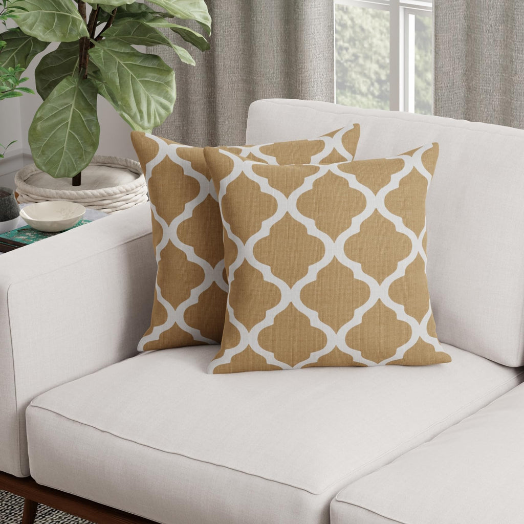 HUESLAND Premium Cotton Cushion Cover 16 inch x 16 inch | Decorative Square Throw Pillow Covers Set for Sofa, Living Room & Bedroom | Set of 2 | Quatrefoil Light Brown