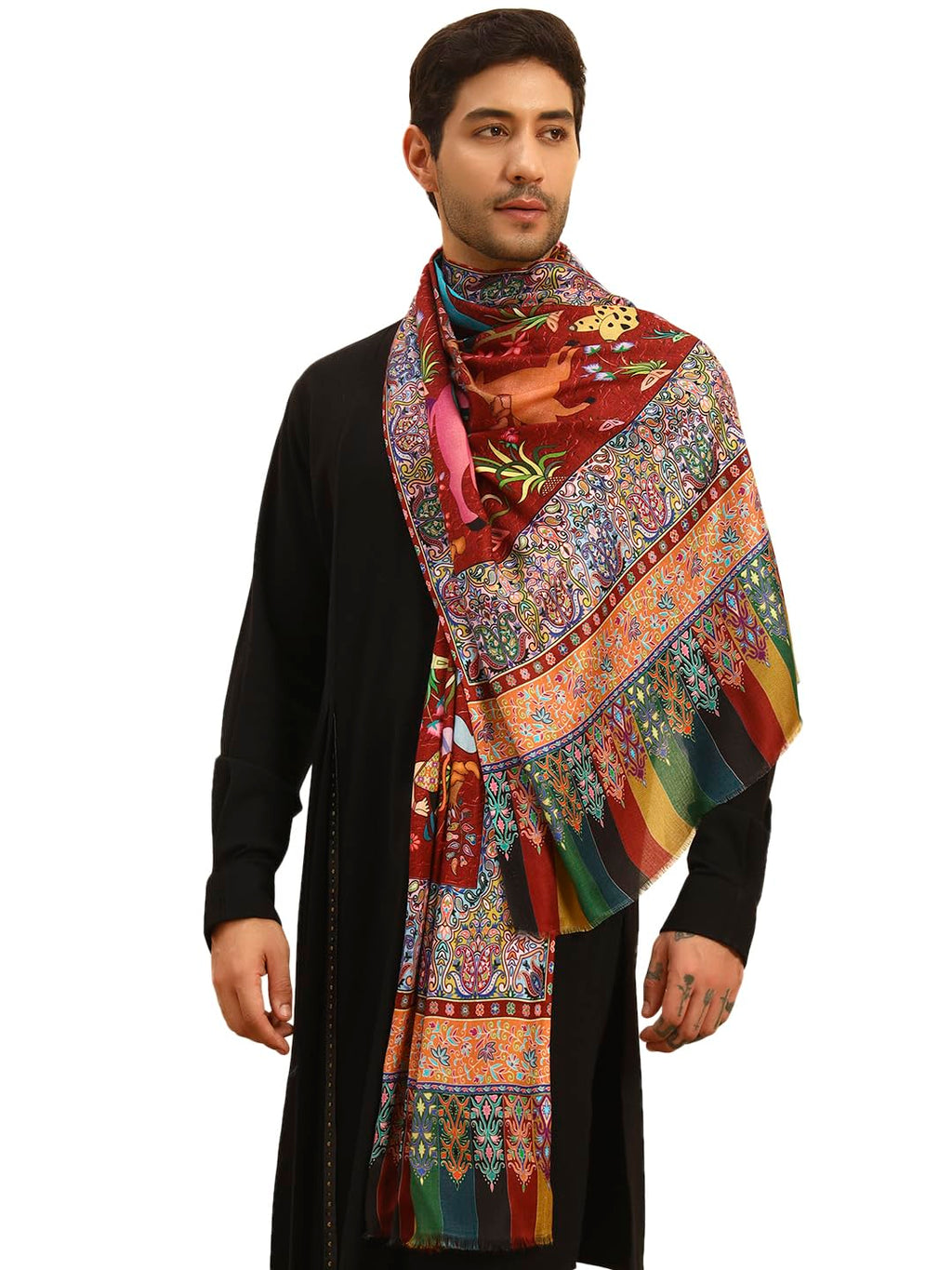 Pashmoda Men Royal Fine Soft Bamboo Fibre Stole, Multicoloured Design, Evening Wrap, Luxury Pashmina Style Scarf, Wrap, Sustainable and Natural Fabric (Size 28x80, Brown colour) MISST31