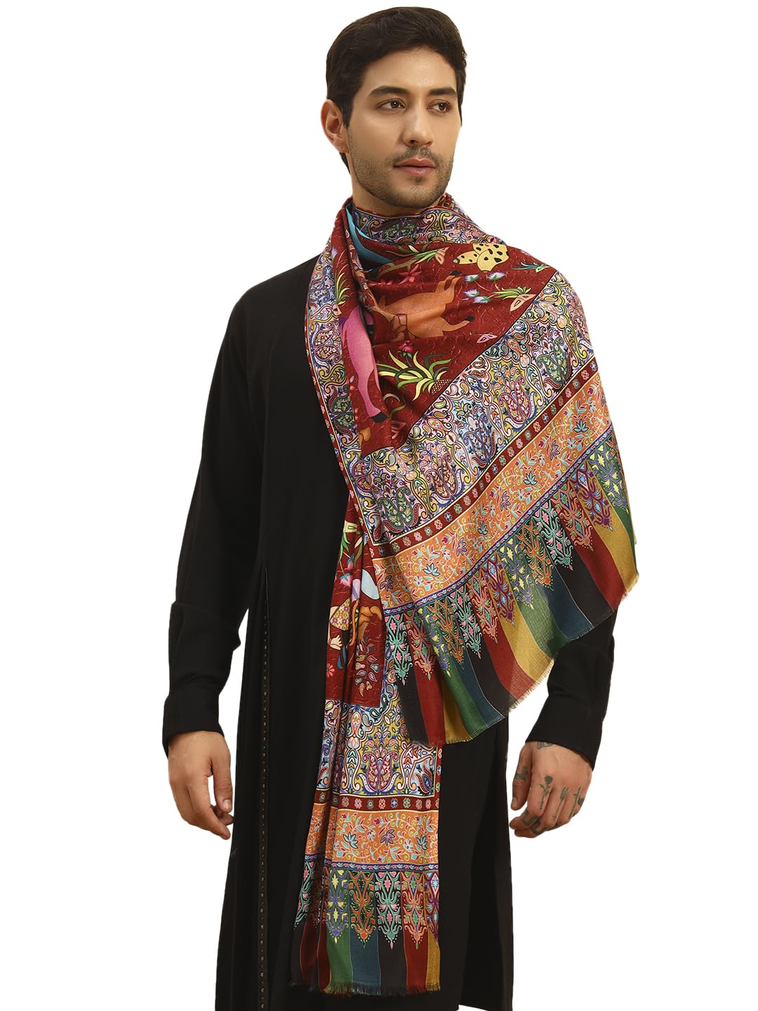 Pashmoda Men Royal Fine Soft Bamboo Fibre Stole, Multicoloured Design, Evening Wrap, Luxury Pashmina Style Scarf, Wrap, Sustainable and Natural Fabric (Size 28x80, Brown colour) MISST31