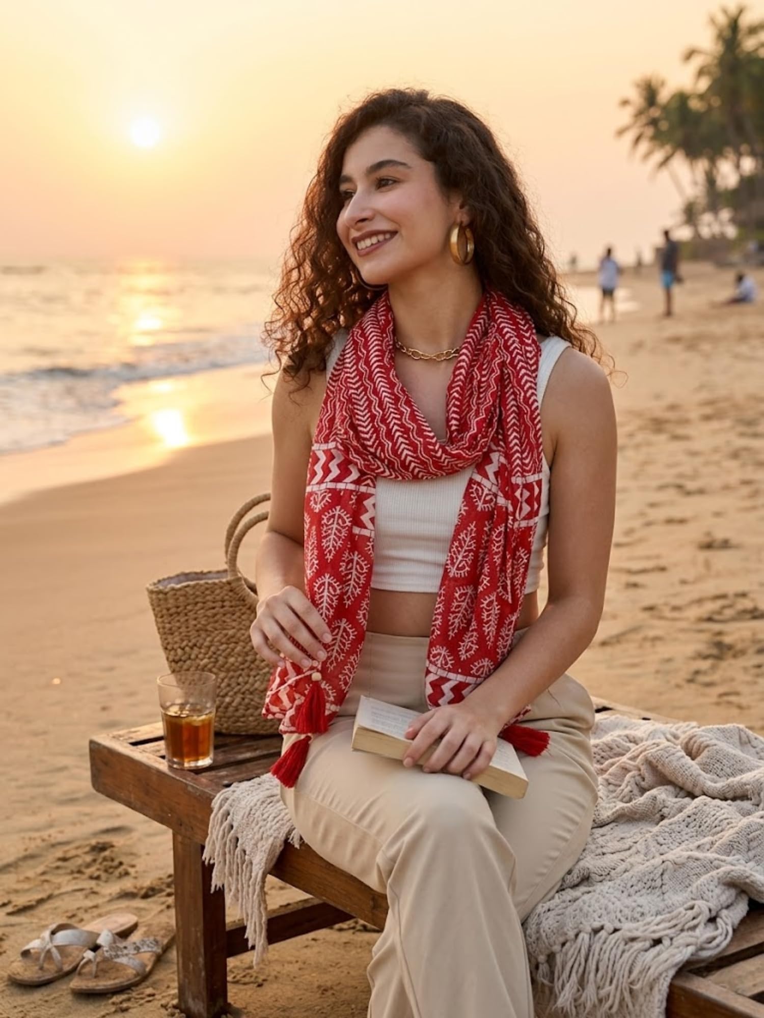 KE KANHA EXPORTS Scarf for Women Premium Cotton Boho | Dual Tone Border Print Stole with Tassels | Lightweight Summer Beach Wrap 180 x 50 cm (Red) FREE Scrunchie Included