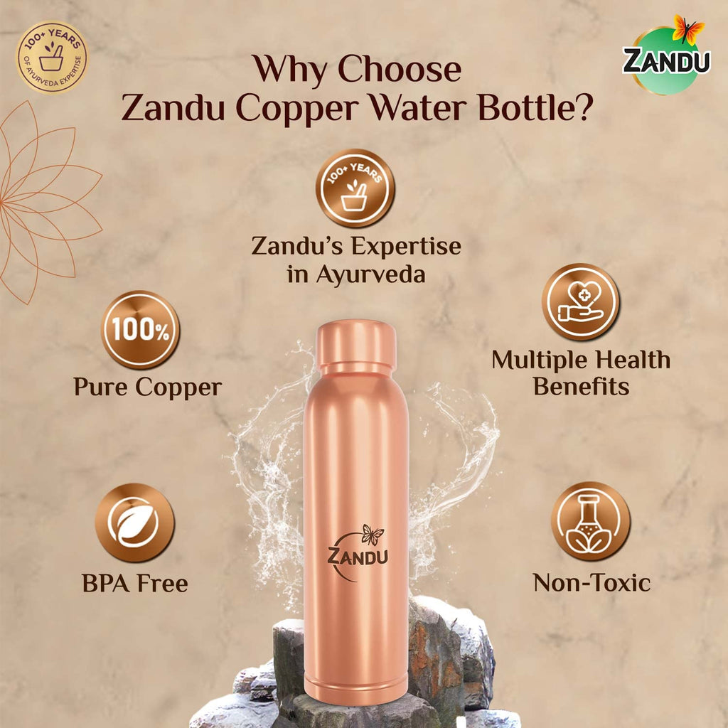 Zandu Copper Bottle (950ml): 100% Pure BPA-Free Water Bottle | Copper-Infused Water | Leak Proof | Office Use | Boosts Immunity | Supports Digestive & Liver Health | Ayurveda Inspired