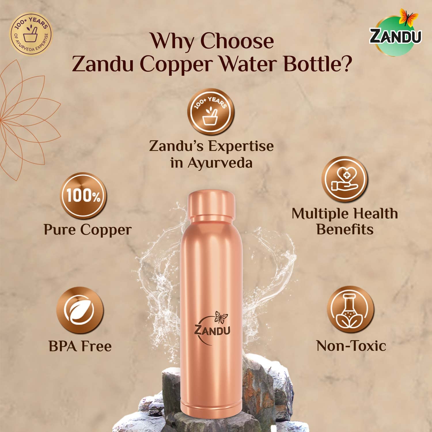 Zandu Copper Bottle (950ml): 100% Pure BPA-Free Water Bottle | Copper-Infused Water | Leak Proof | Office Use | Boosts Immunity | Supports Digestive & Liver Health | Ayurveda Inspired