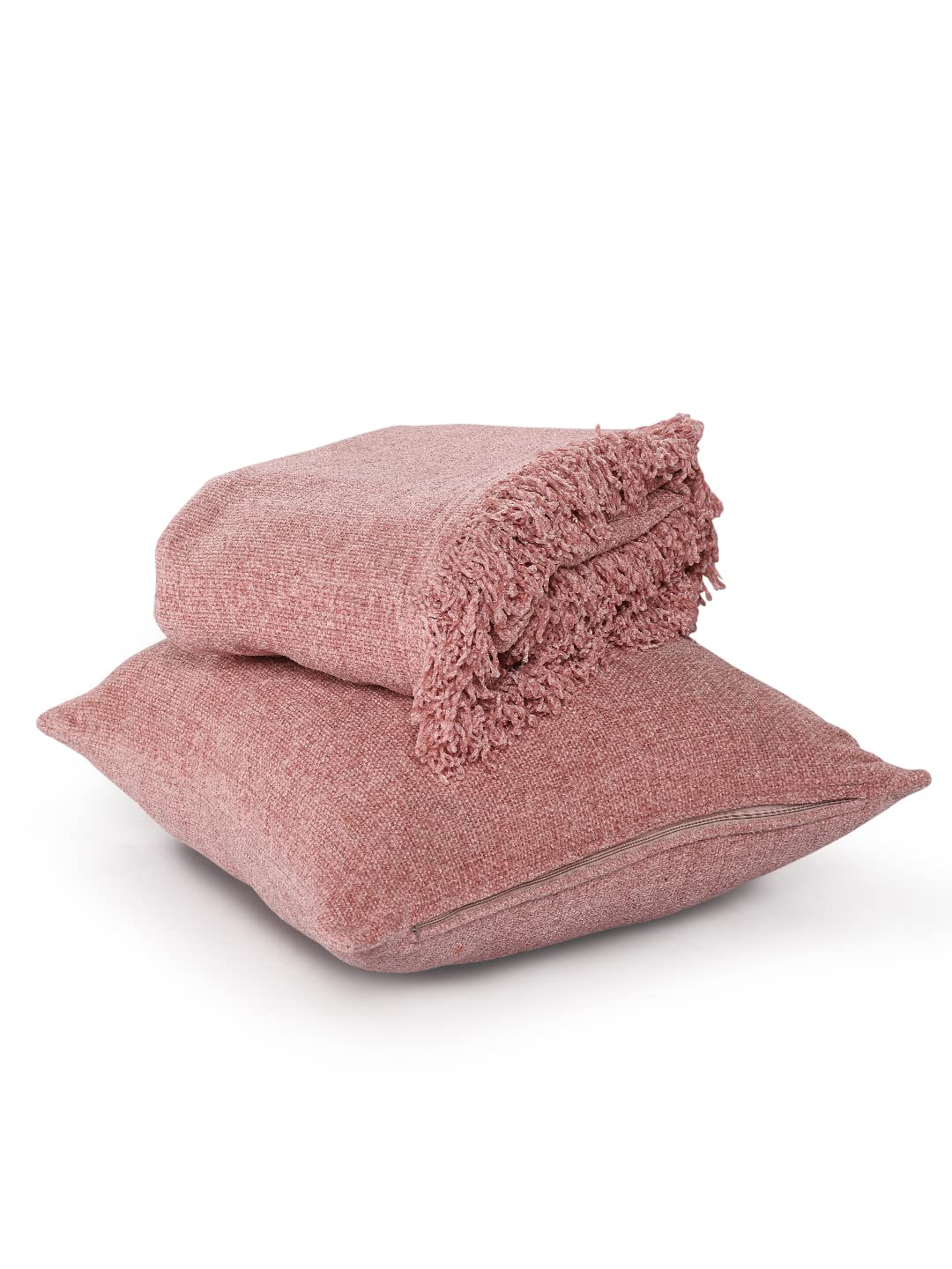 SASHAA World Solid Soft Chenille Throw Blanket for Sofa, Bed & Couch with Cushion Cover Set|Rose Pink Throw & Cushion Cover|Throw-130X180 Cm, Cushion-45X45 Cm, Wrinkle Resistant Kafalo