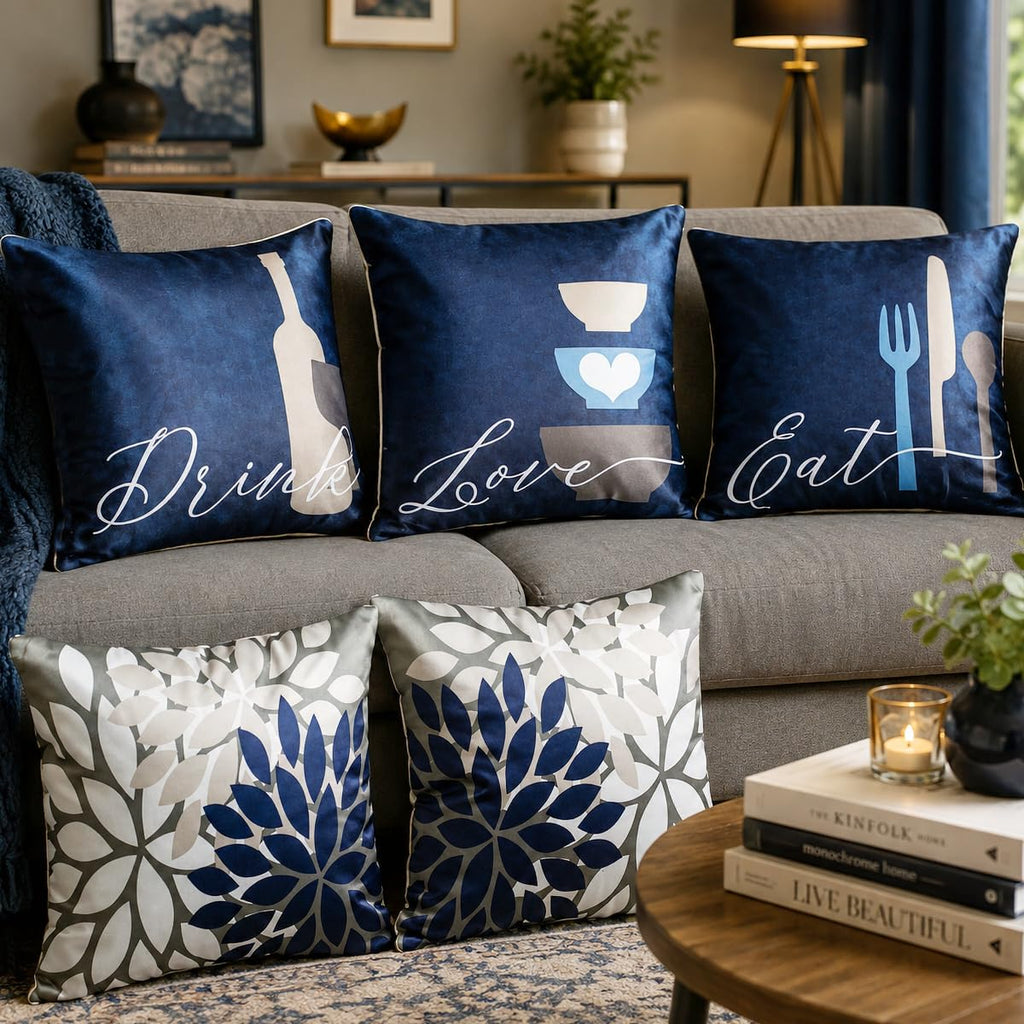 Vendola Decorative Satin Sofa Cushion Covers Set of 5, 20 Inch x 20 Inch, Sofa Cushion Pillow Cover, Navy Blue, White and Grey Colour, Floral Design, Zipper Closure (EDL, 20X20 Inches)