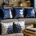 Vendola Decorative Satin Sofa Cushion Covers Set of 5, 16 inch x 16 inch, Sofa Cushion Pillow Cover, Navy Blue, White and Grey, Floral Design, Zipper Closure (EDL, 16X16 Inches)