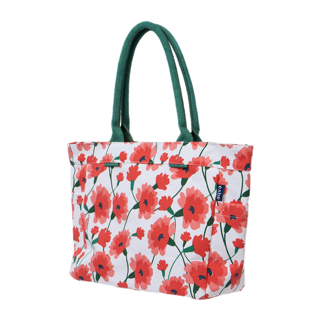 AQVA Cotton Canvas Tote Bag for Women with Side Pockets| Trendy Stylish Multipurpose Handbag with Zipper | Shoulder Bag for Shopping, Travel and Work | Carnation, Red