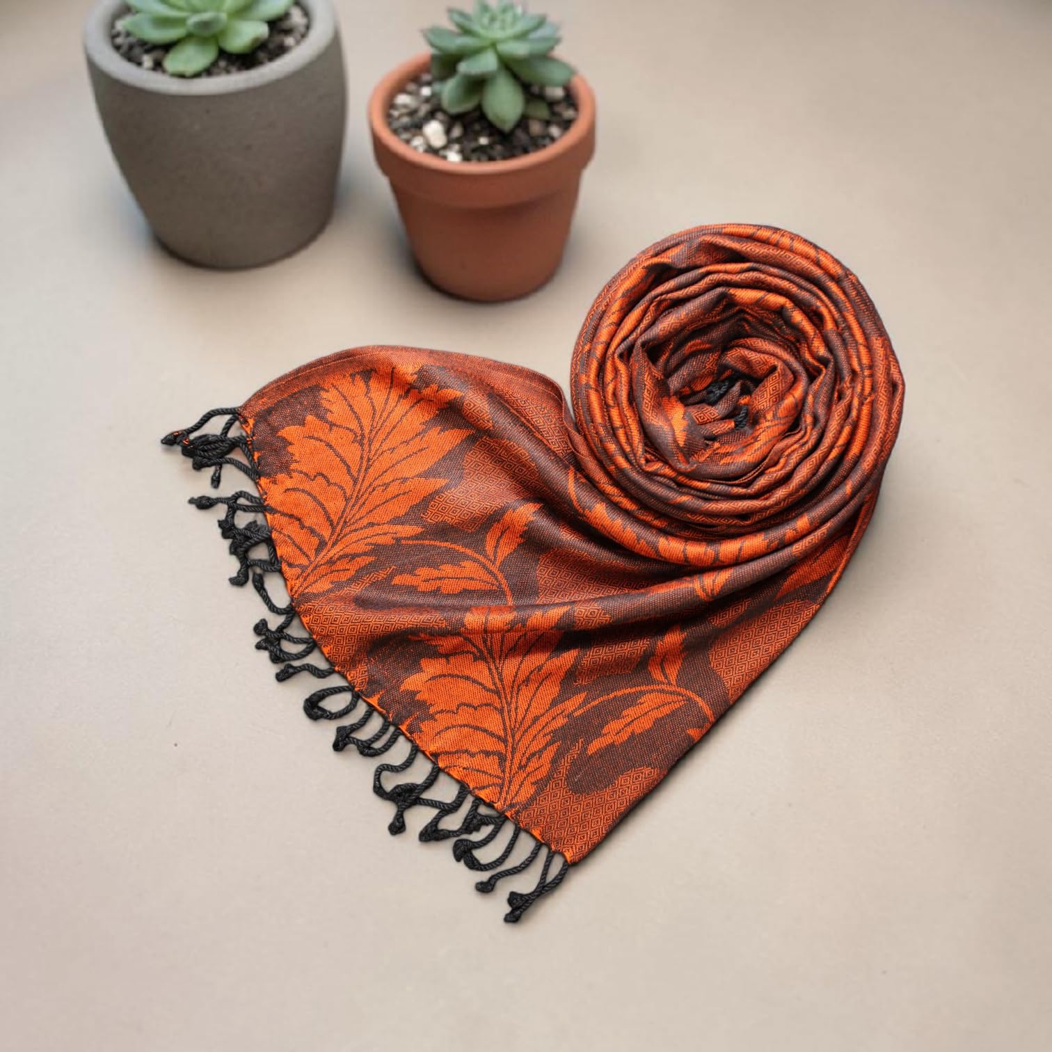 STOLE STUDIO Embellished Leaf Luxurious Viscose Stole Scarf (Black/Orange)