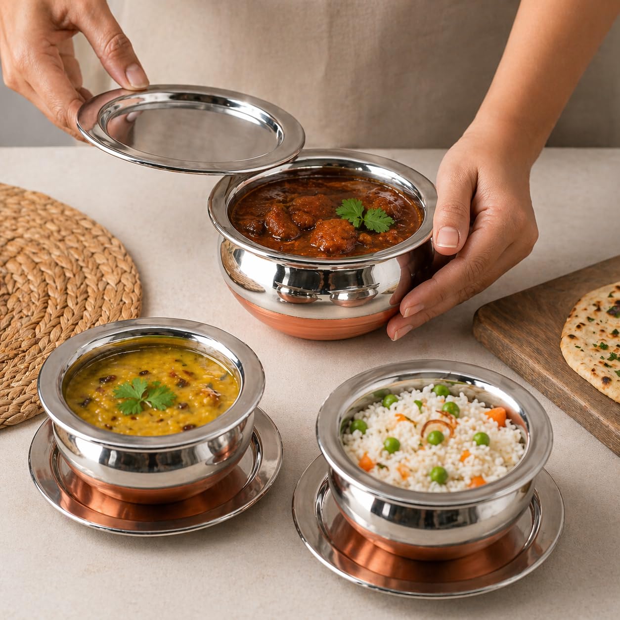 GlamourShop Steel Magic Copper Bottom Handi/Urli Set, Cookware Set Induction Bottom Cookware Set, Stainless Steel, Copper Handi Set of 3 (800, 1100, 1600 ML)