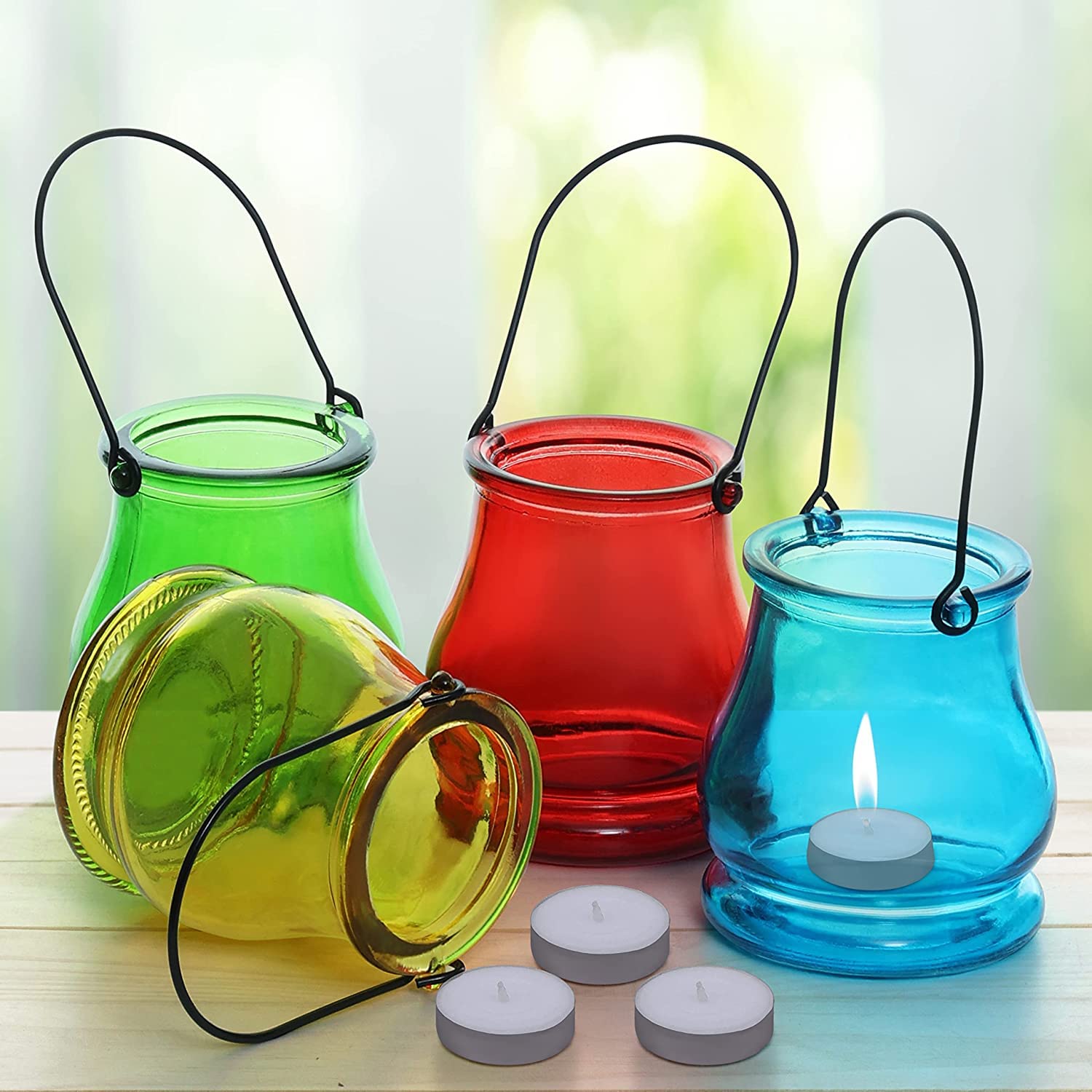 Sri Sai Tradelink Hanging Tea Light Candle Holders - 4 Pcs Holders with Candles-Multicolored Glass Votive Lanterns with Handles for Home Decoration, Dining, Indoor & Outdoor Parties
