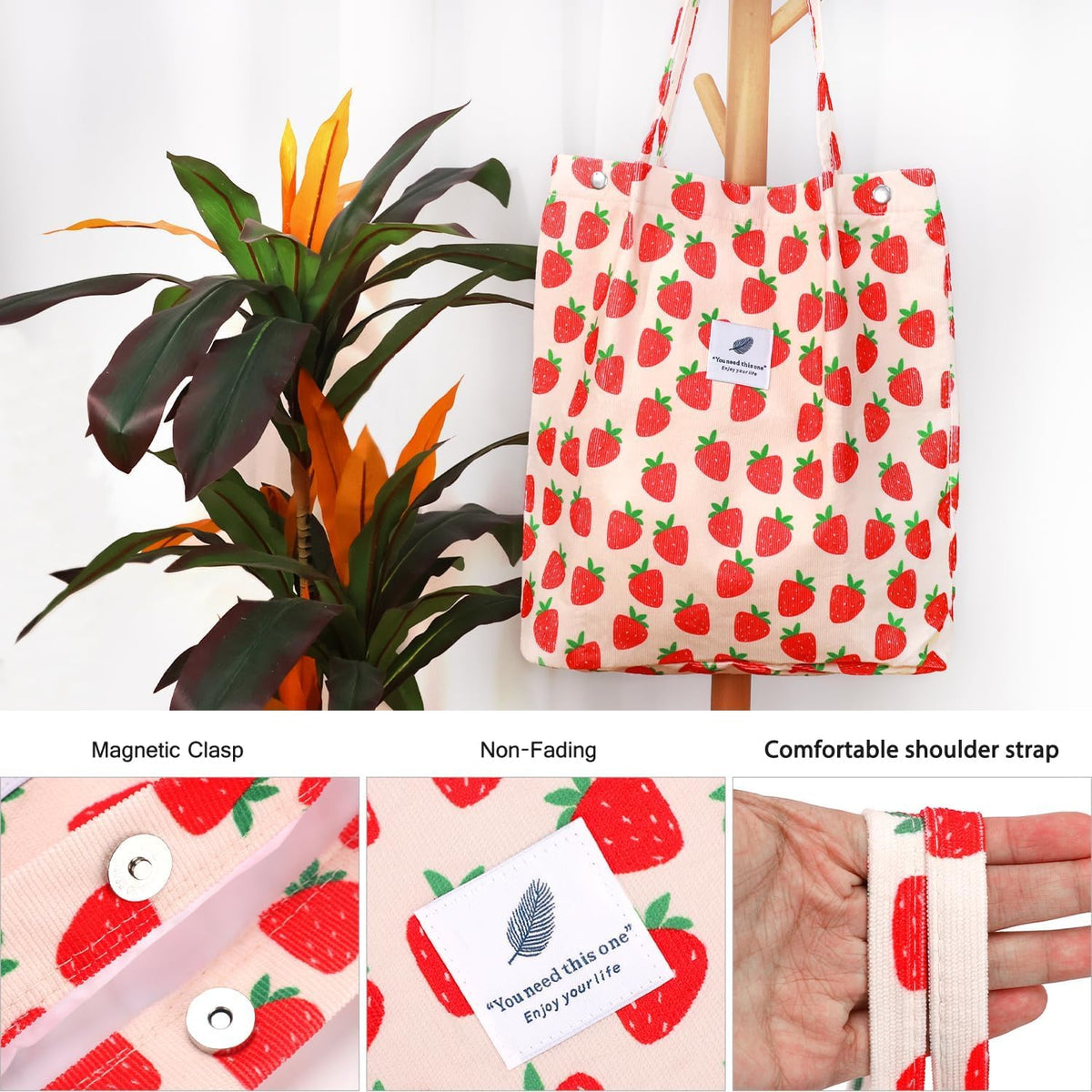 Street27 Women's Korean Canvas Corduroy Tote Bag Casual Work Shoulder Handbags | Multi-Purpose Bag |Sturdy Canvas Bag with Large Capacity | Shopping Bag for Office, College & Daily Use (Strawberry)