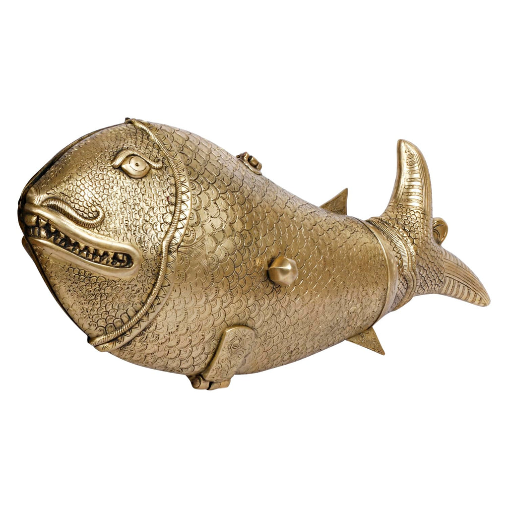 ARTVARKO Big Brass Fish with Wheel Handmade Tray Box Multipurpose Golden Fish Wealth Lucky Treasure Sculpture Home Office Decor Gift 22 Inch.