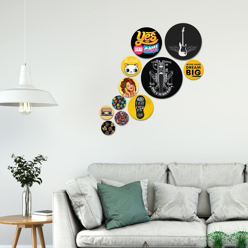 Artvibes Make Every Step Count Decorative Round Shape MDF Wooden Wall Hanging | Quotes Decor Item | Traveller Quotes Wall Art | Wall Art Print | Home Decor | Unique Gift (WPS_102N), Set of 11