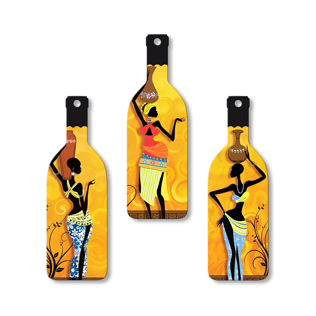 Artvibes African Women Warli Art Decor Bottle shaped Wooden Wall Hanging | Living Room | Handcrafted Art | Wall Illustrations | Art Prints | Aesthetic Wall Art | Ideal Gifts (WH_9508N), Set of 3
