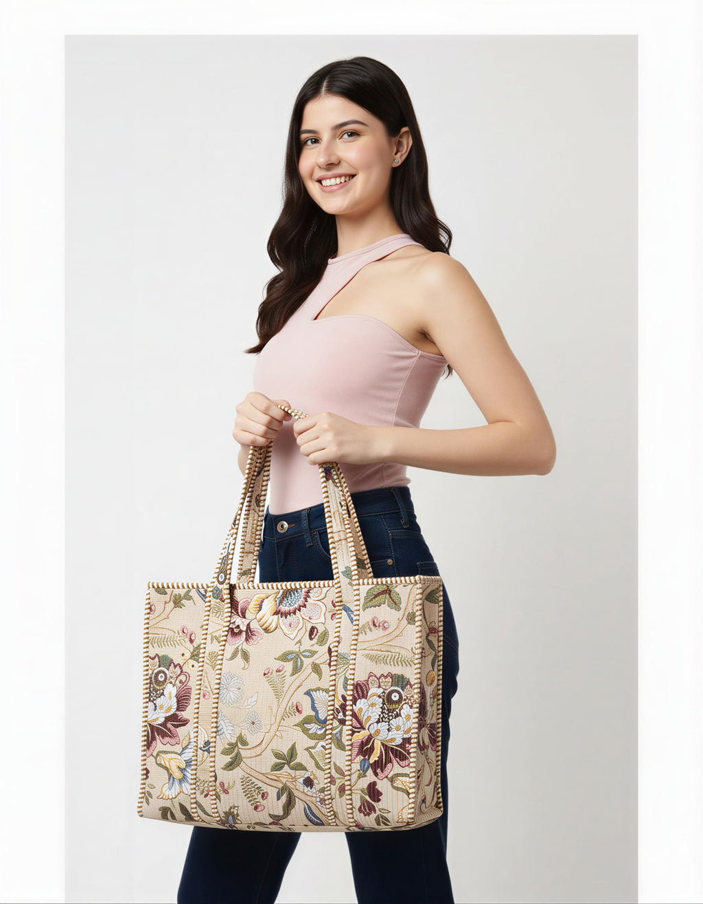 MITTICO Quilted Cotton Tote Bag – Handmade Large Travel Shoulder Bag with Zipper & Pockets – Lightweight, Durable & Stylish for Daily Use (Beige Botanica)