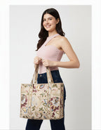 MITTICO Quilted Cotton Tote Bag – Handmade Large Travel Shoulder Bag with Zipper & Pockets – Lightweight, Durable & Stylish for Daily Use (Beige Botanica)