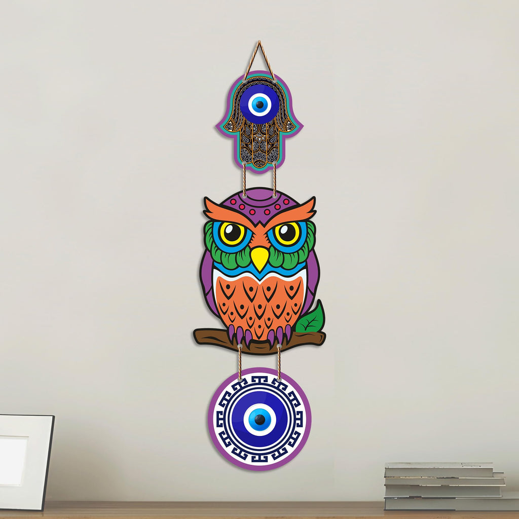 Artvibes Decorative Owl Evil Eye Wall Hanging for Home Entrance | Nazar Battu MDF Wall Decor for Positive Energy | Lucky Owl Vastu Wall Art for Living Room | Bedroom | Hallway | Gift Item (WH_8523N)