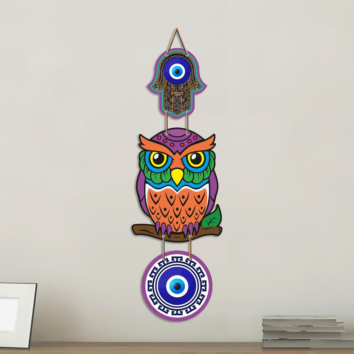 Artvibes Decorative Owl Evil Eye Wall Hanging for Home Entrance | Nazar Battu MDF Wall Decor for Positive Energy | Lucky Owl Vastu Wall Art for Living Room | Bedroom | Hallway | Gift Item (WH_8523N)