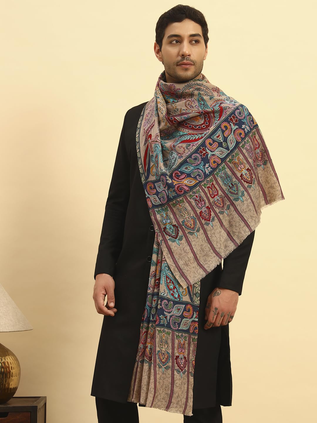 Pashmoda Men Saahtaar 100% Pure Wool Fabric Kalamkari Embroidered Stole (Size-28x80in, 71x203cm) MKAST01