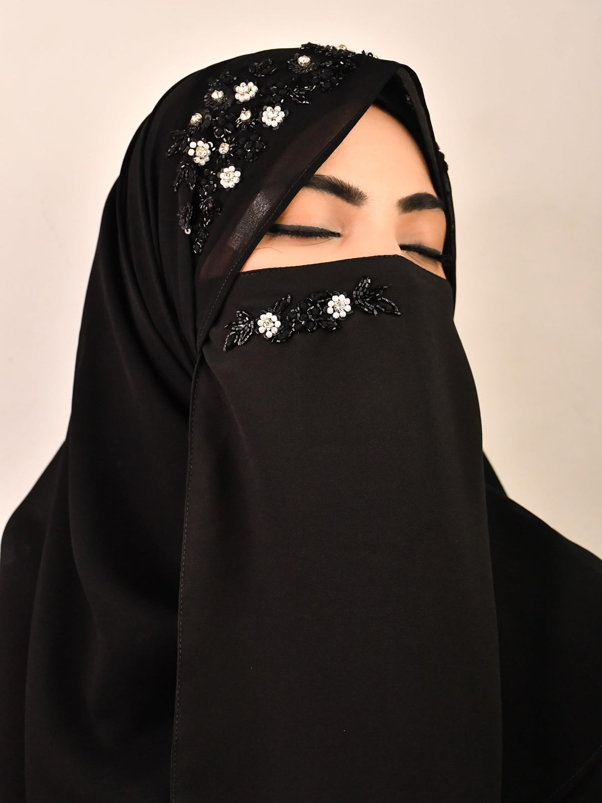 WRAP MY HIJAB Georgette Luxury Bridal Hijab Scarf for Female With Handwork Naqab Wear For Party And Any Occasion (Pack Of 1), Black