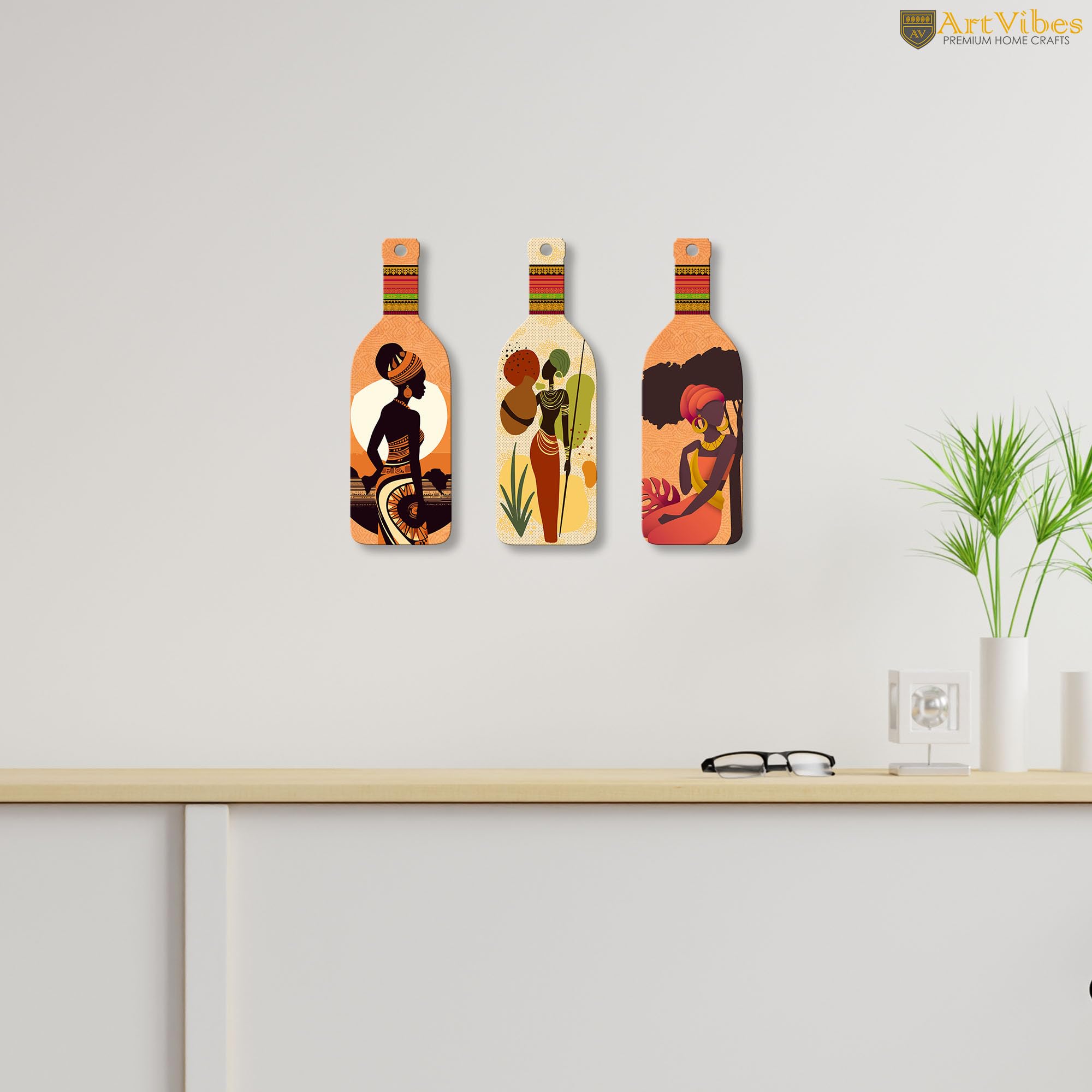 Artvibes African Warli Art Decor Bottle shaped Wooden Wall Hanging | Living Room | Handcrafted Art | Wall Poster | Aesthetic Wooden Decor | Art Print | Unique Gift Items (WH_9519N), Set of 3