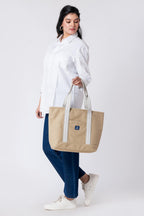 AQVA Signature Cotton Tote Bag for Everyday Use | Premium 100% Cotton Dobby Weave Handbag with Jacquard Handles, Zipper & Lining | Large Shoulder Bag for Travel, Office & Shopping (19x13x6_Kraft)