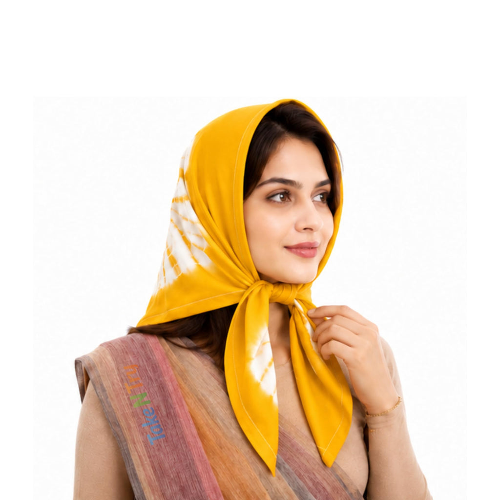 Take N Try Women’s Satin Head Scarf, Square Hair Wrap Cotton Bandana for Head, Neck & Hair, Daily Use, Travel & Ethnic Outfit, 30x30 Inch Fashion Printed Scarves for Female & Ladies Gift (Yellow)