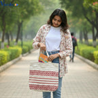 Värde Handmade Cotton Tote Bag for Women | Boho Ethnic Embroidered Shoulder Bag | Red & White Patterned Casual Handbag | Eco-Friendly Lightweight Daily Use Tote Bag for Shopping, Travel & Office