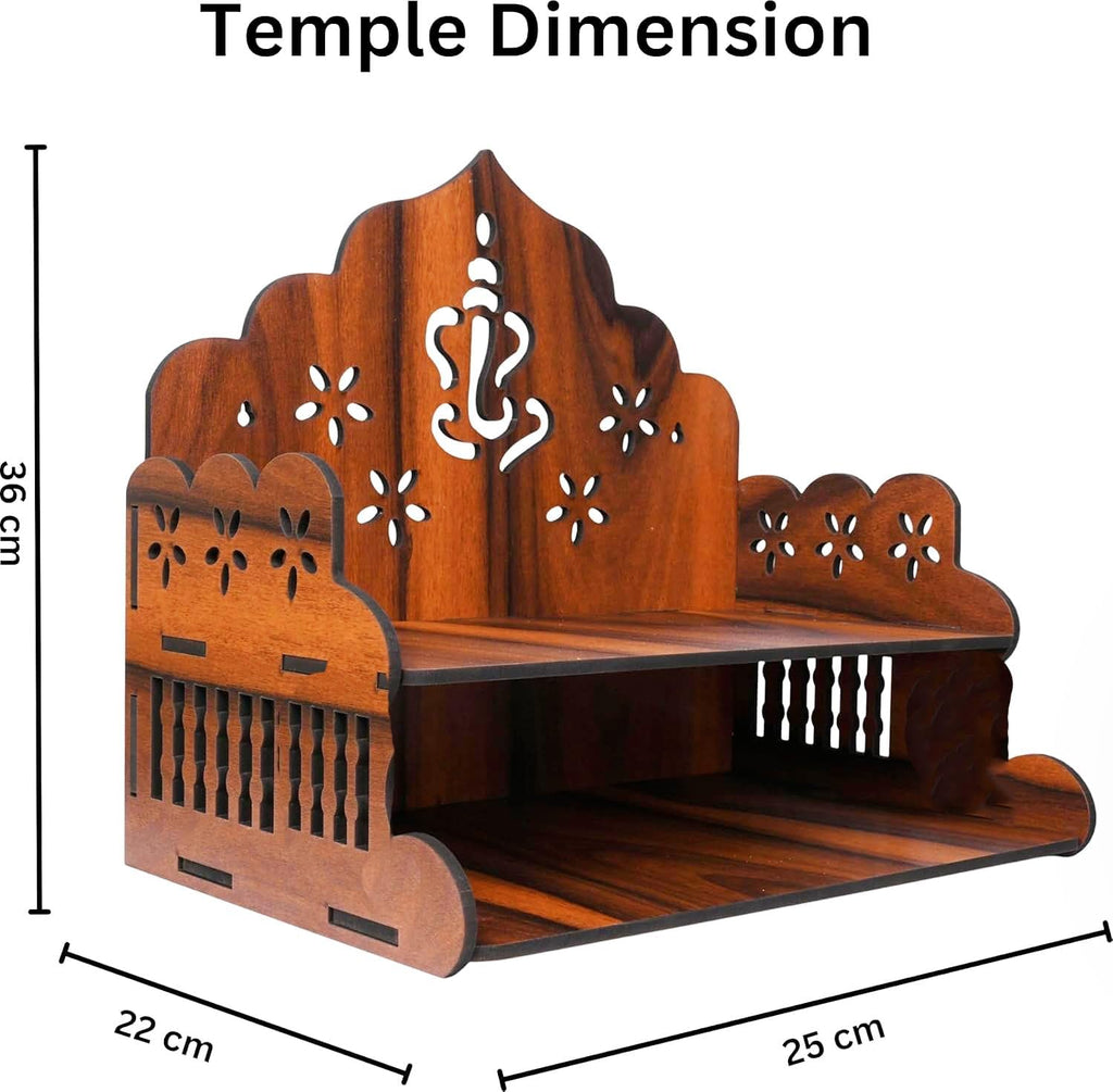 FLYUP Wooden Mandir for Home Pooja | Wall & Tabletop Temple with Ganesh Cutout | Solid Wood Finish Home Temple with Storage Shelf (Ganesh)
