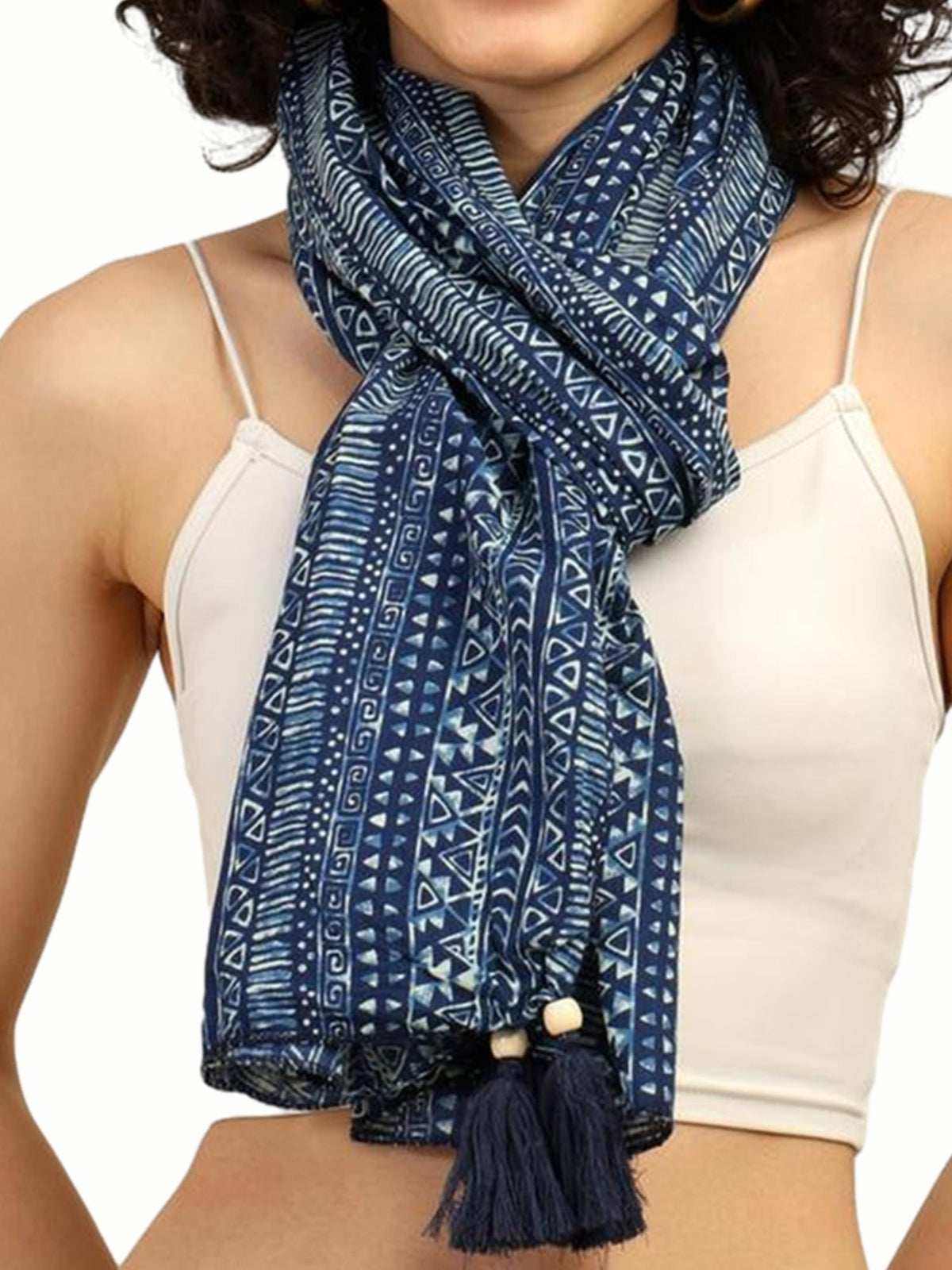 KE KANHA EXPORTS Scarf for Women Boho | Border Print Stylish | Stole for Women Breathable Summer Beach Wrap with Tassels | Multicolour |180 x 50 cm (Tribal Indigo Lines)