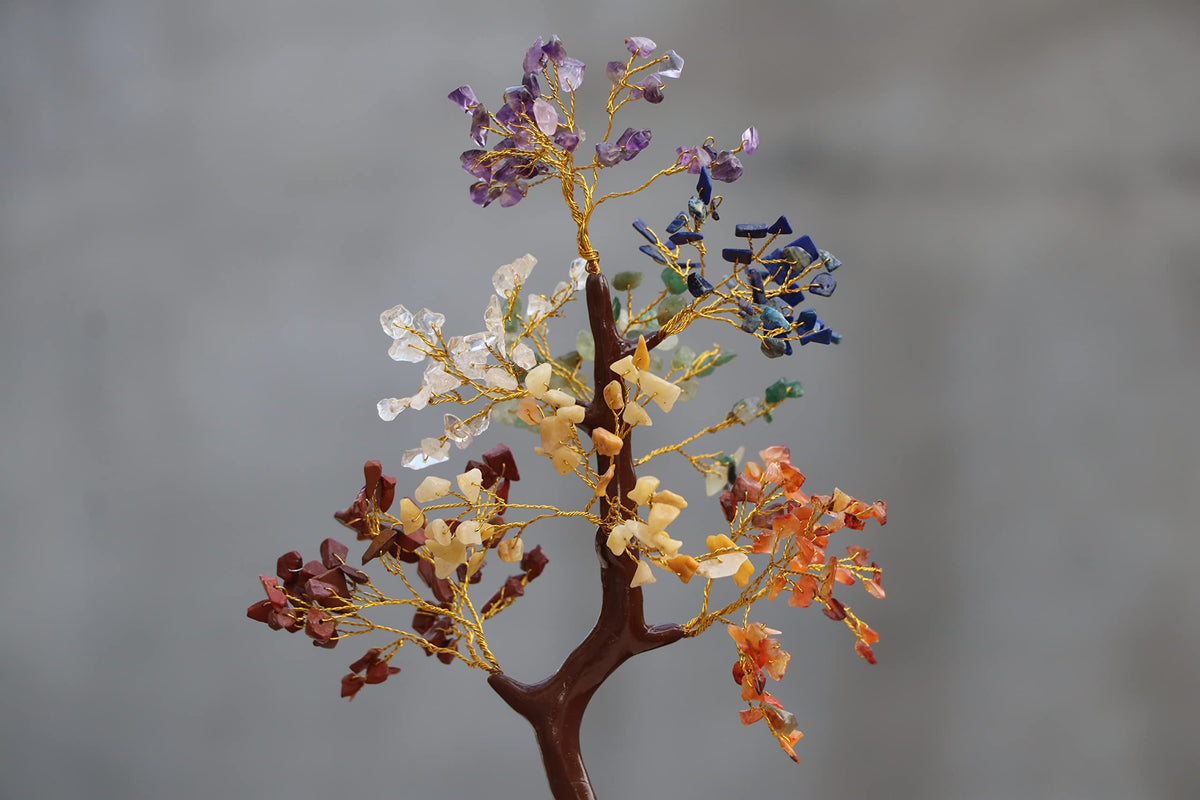JABRESHWAR CRYSTAL Natural 7 Chakra Layered Golded Wire l Stone Tree for Vastu 300 Beads Reiki Healing Crystal Multicolor Good Luck Tree for Home Decor (Medium Height 10-12 Inch)