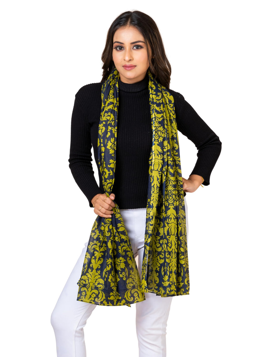 AQVA Printed Cotton Scarf for Women Stylish (Navy Lime) | Head and Face Cover Scarf for Girls with 100% Cotton | Soft & Lightweight Scarves/Stoles for all Weather (72 x 43 in)