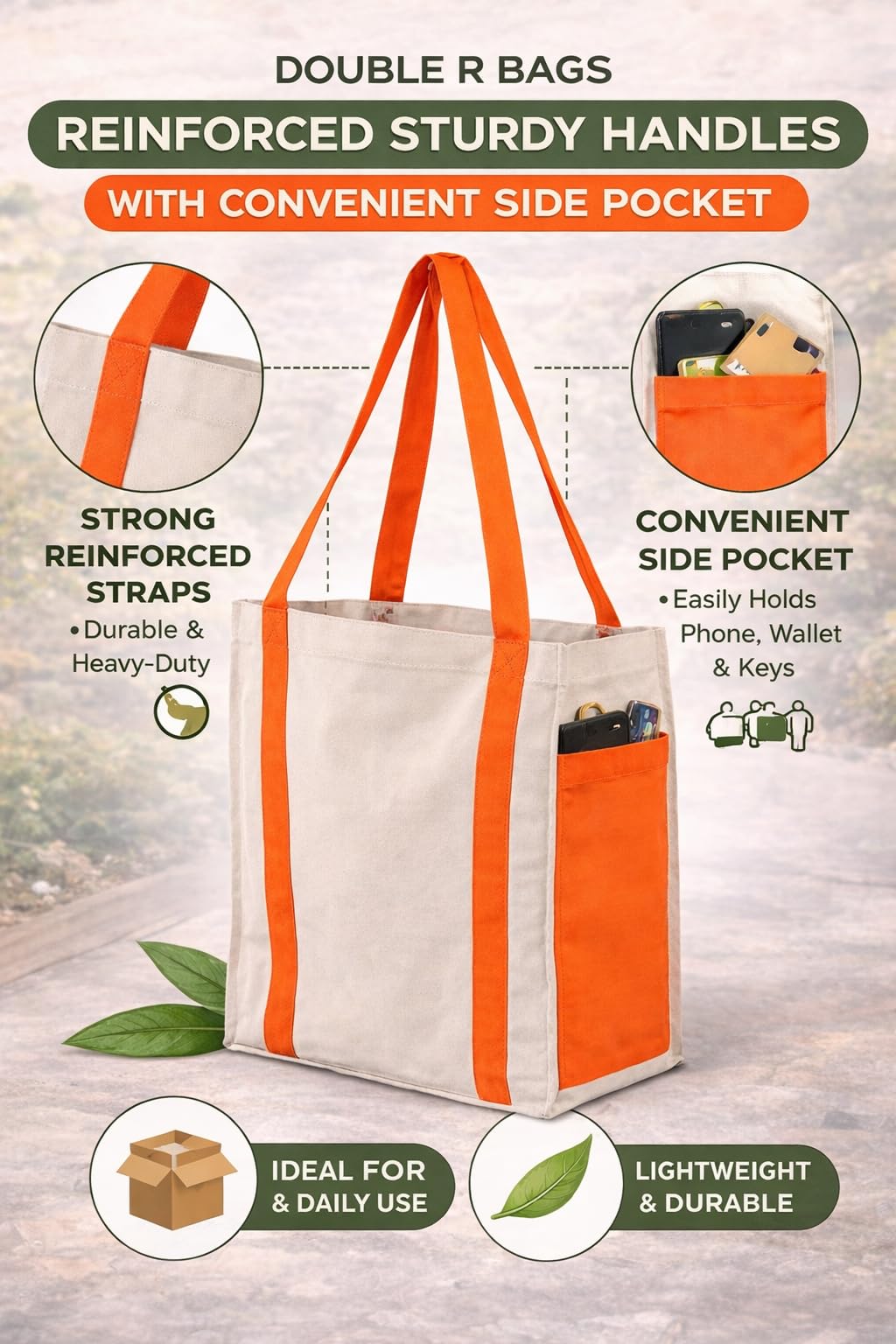 DOUBLE R BAGS Heavy Duty Canvas Grocery Bag with Side Pockets, Reusable Shopping Tote with Handles, Large Multipurpose Cotton Bag for Grocery, Jhola, Beach, Picnic, Travel (Orange, Pack of 4)