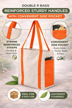 DOUBLE R BAGS Heavy Duty Canvas Grocery Bag with Side Pockets, Reusable Shopping Tote with Handles, Large Multipurpose Cotton Bag for Grocery, Jhola, Beach, Picnic, Travel (Orange, Pack of 8)
