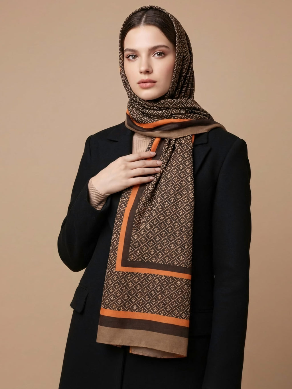 MORU Kyoto Luxe Women’s Ember Chevron Geometric Scarf | Lightweight Wrap Stole in Brown & Orange Pattern | Designer-Inspired Fashion Accessory (Chocolate Brown with Orange & Beige accents)