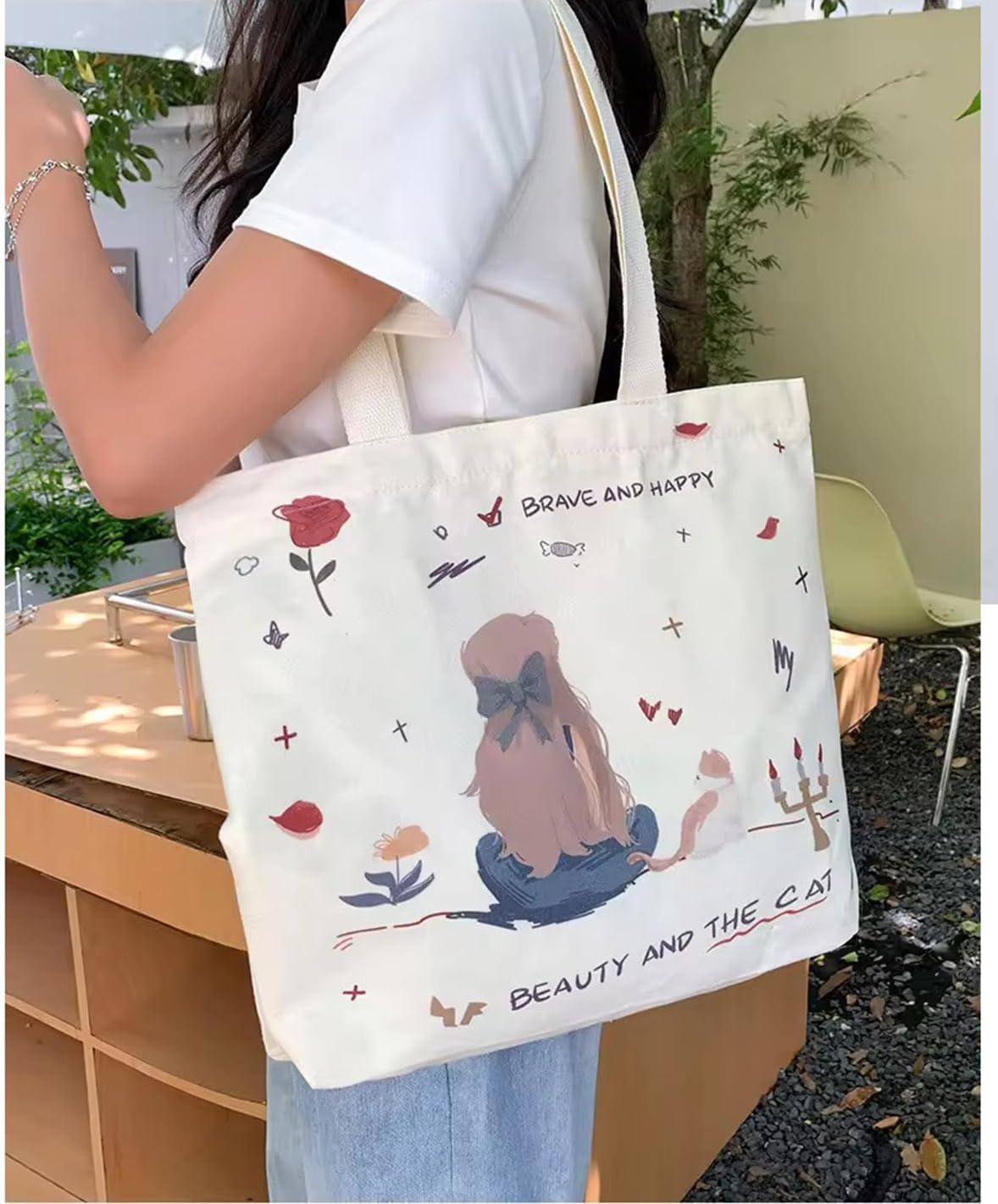 KeepCart Women Reusable Shopping/Grocery Classic Tote Bag With Pocket Shoulder Canvas Handbag Travel Bag Multi-Purpose, White
