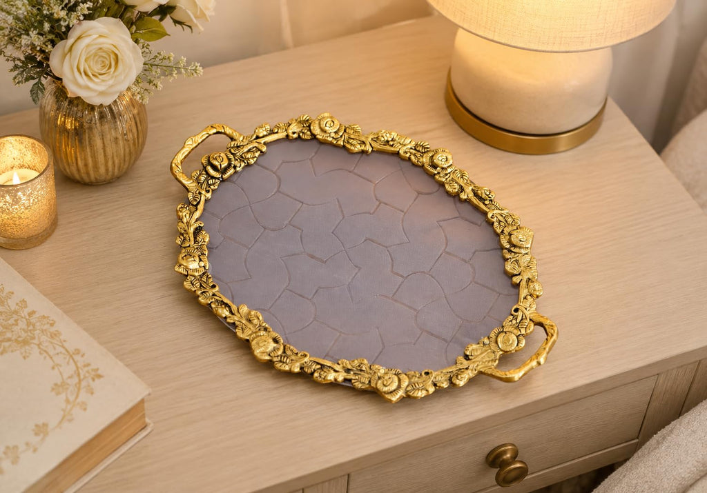 KridayKraft Hand Crafted Metal Rose Ovel Shape Tray for Home Centre Dining Table Serving Dry Fruits