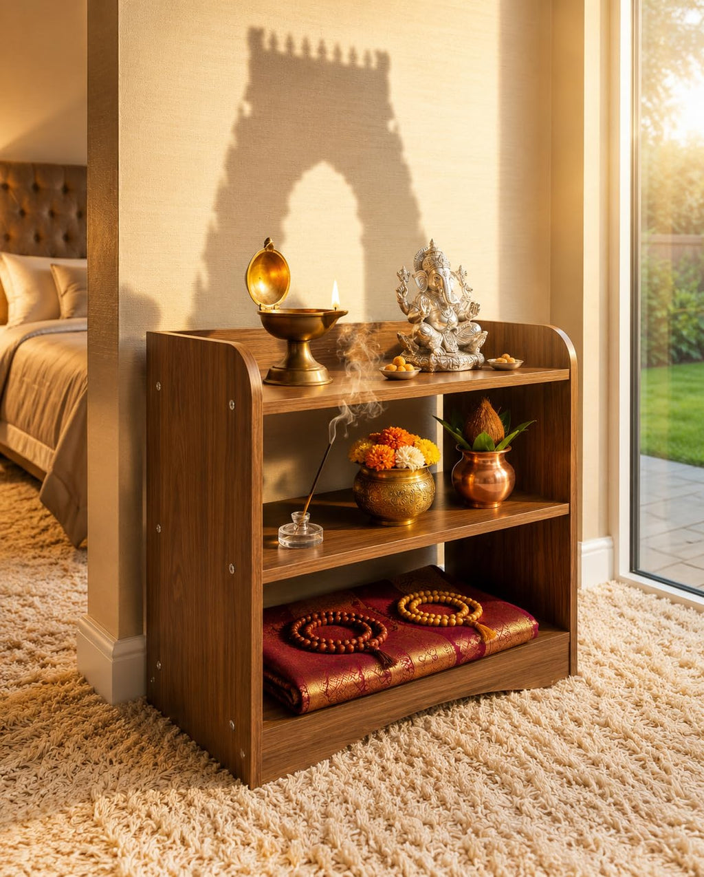 Wooden Pooja Temple with Storage for Home & Office | 3 Tier Wall Mountable & Tabletop Mandir Shelf Rack for God Idols, Diyas & Prayer Essentials | Brown Finish