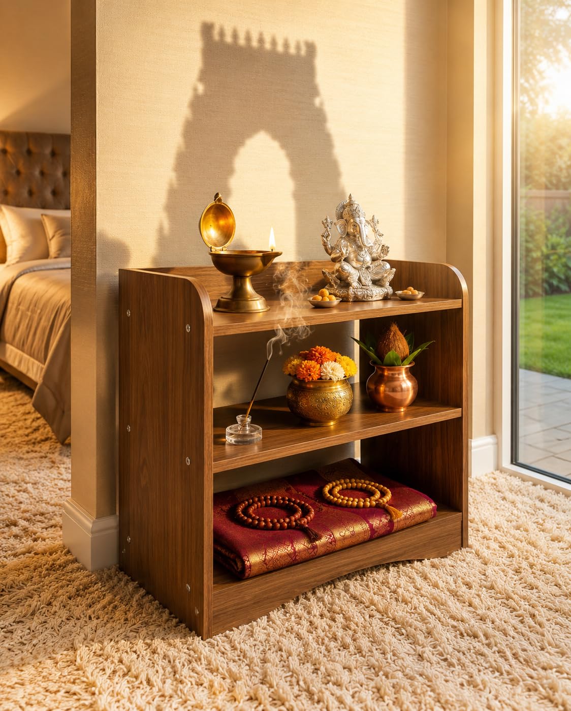 Wooden Pooja Temple with Storage for Home & Office | 3 Tier Wall Mountable & Tabletop Mandir Shelf Rack for God Idols, Diyas & Prayer Essentials | Brown Finish
