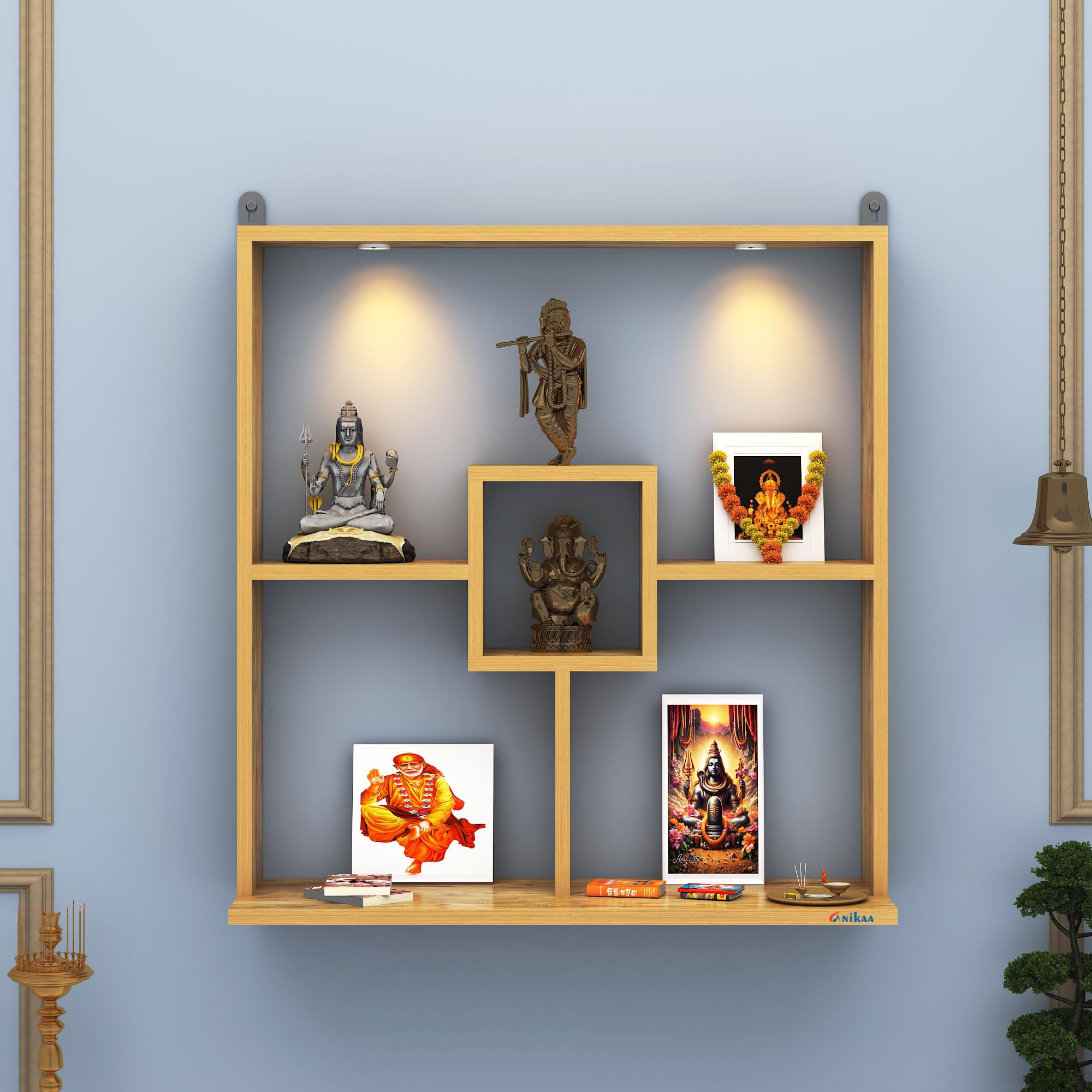 Anikaa Shelly LED Light Wall Mounted Hanging Puja Temple Shelf Stylish Wood God Stand for Pooja Room Mandir Stand for Temple (Giantwood) D.I.Y (Giantwood)