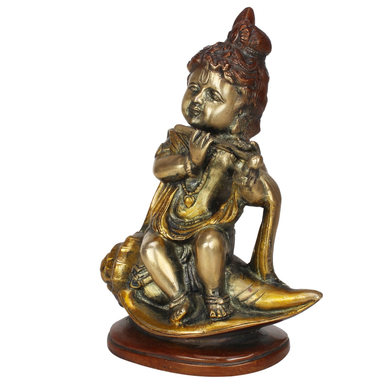 SVARUP Brass Krishna Bhagwan Sitting on Counch Shankh in Multi Color Height 8 Inch