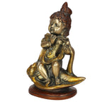 ARTVARKO Brass Lord Bal Krishna Bhagwan Playing Flute on Shankh | Religious Idol Statue for Gift Murti Bronze Color 8 Inch
