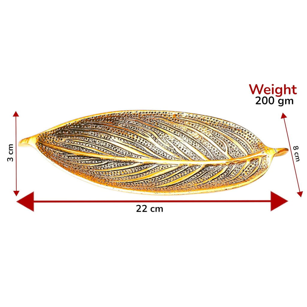 KridayKraft Hand Crafted Metal Leaf Shape Tray with Collectible Art Perfect for Home Centre Table Serving Dry Fruits (Golden, Pack of 1)