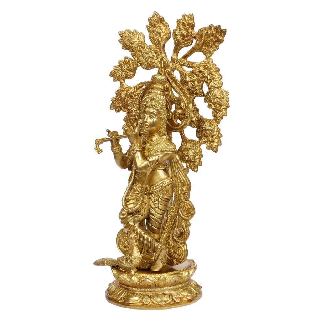 ARTVARKO Brass Krishna Idol Playing Flute with Peacock Under The Kadamba Tree, Height 15 Inches.