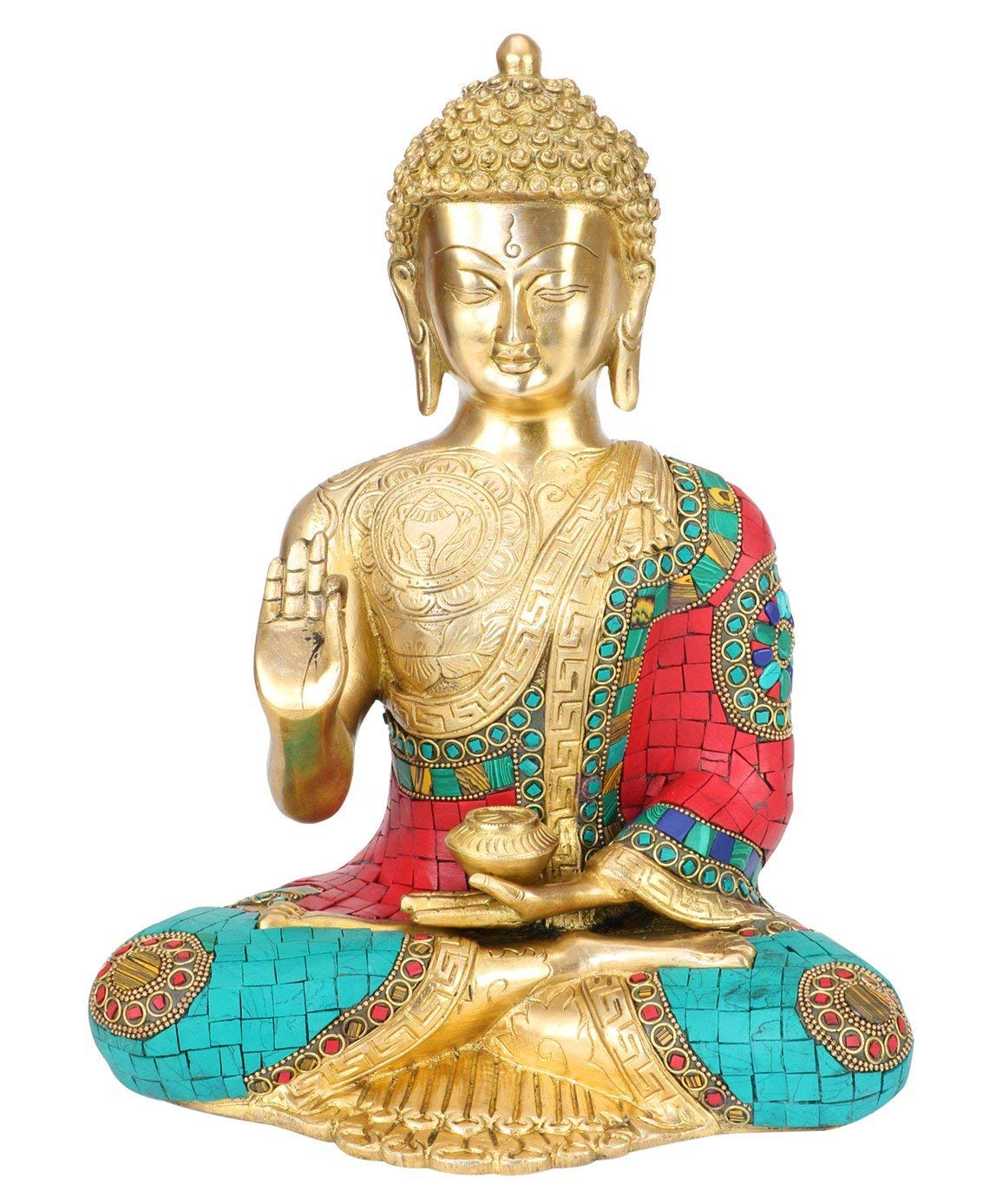 SVARUP Brass Buddha Vitarka Mudra Idol Statue Tibetan Buddhist Décor Showpiece Height 12 Inch Multicolor