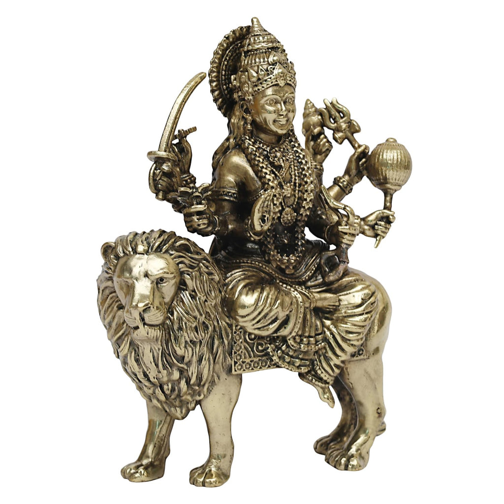 SVARUP Fine Brass Goddess Durga Maa Sitting On Lion Idol MATA Sherawali Murti Statue Figurine Home Temple Height: 5 Inch