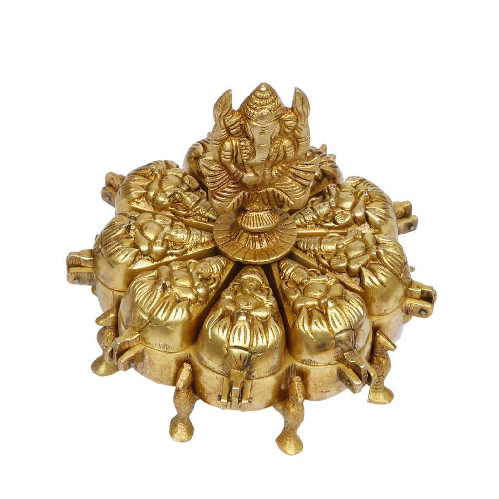ARTVARKO Brass Ganesha Chopda Box Ganpati Idol Multiple Nine Box Compartment for Kumkum Sindoor Vermillion Worshiping Ritual Marriage Gift Gold 6 Inch